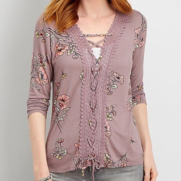 MAURICES 2 Plus Size Crochet and Lace Up Floral Top Mauve Purple 3/4 Sleeve Boho - Picture 3 of 15